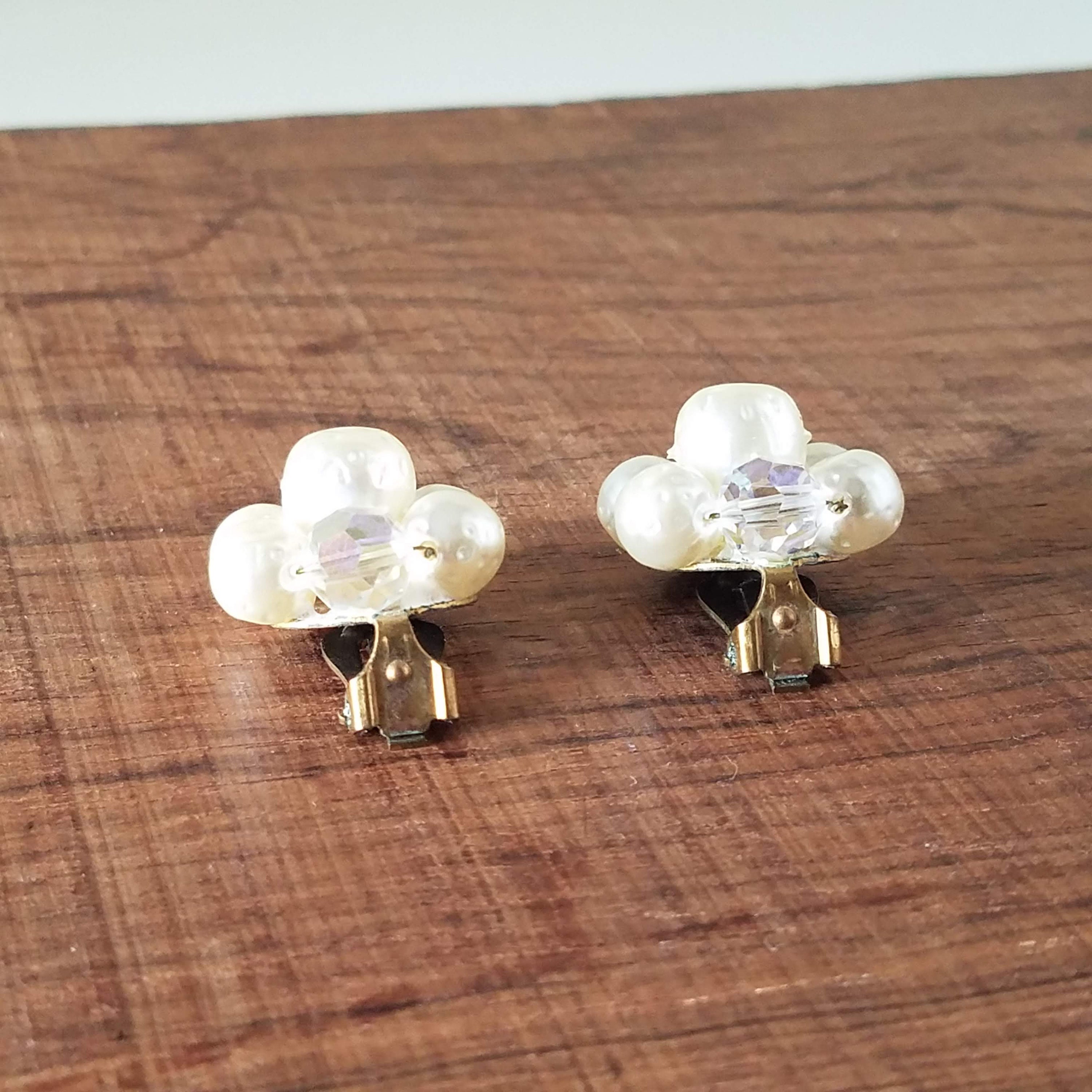 Vintage White Statement Earrings, Cluster Clip on Earrings, Faux ...