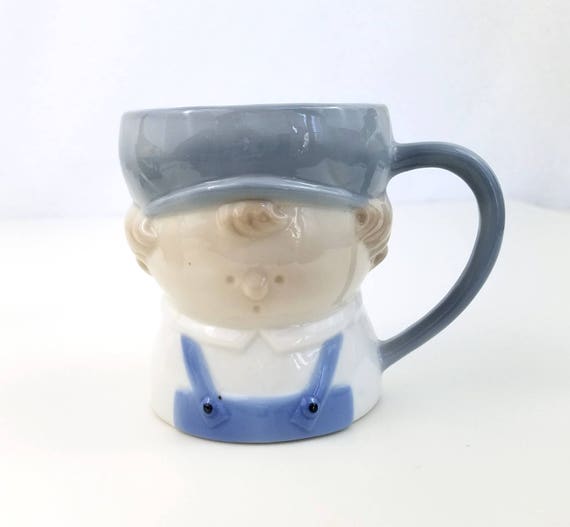 Vintage Blue White Ceramic Mug, Little Boy Character Porcelain Mug, Vintage Boy Character Mug, Collectible Mug, Shower Gift for Boy