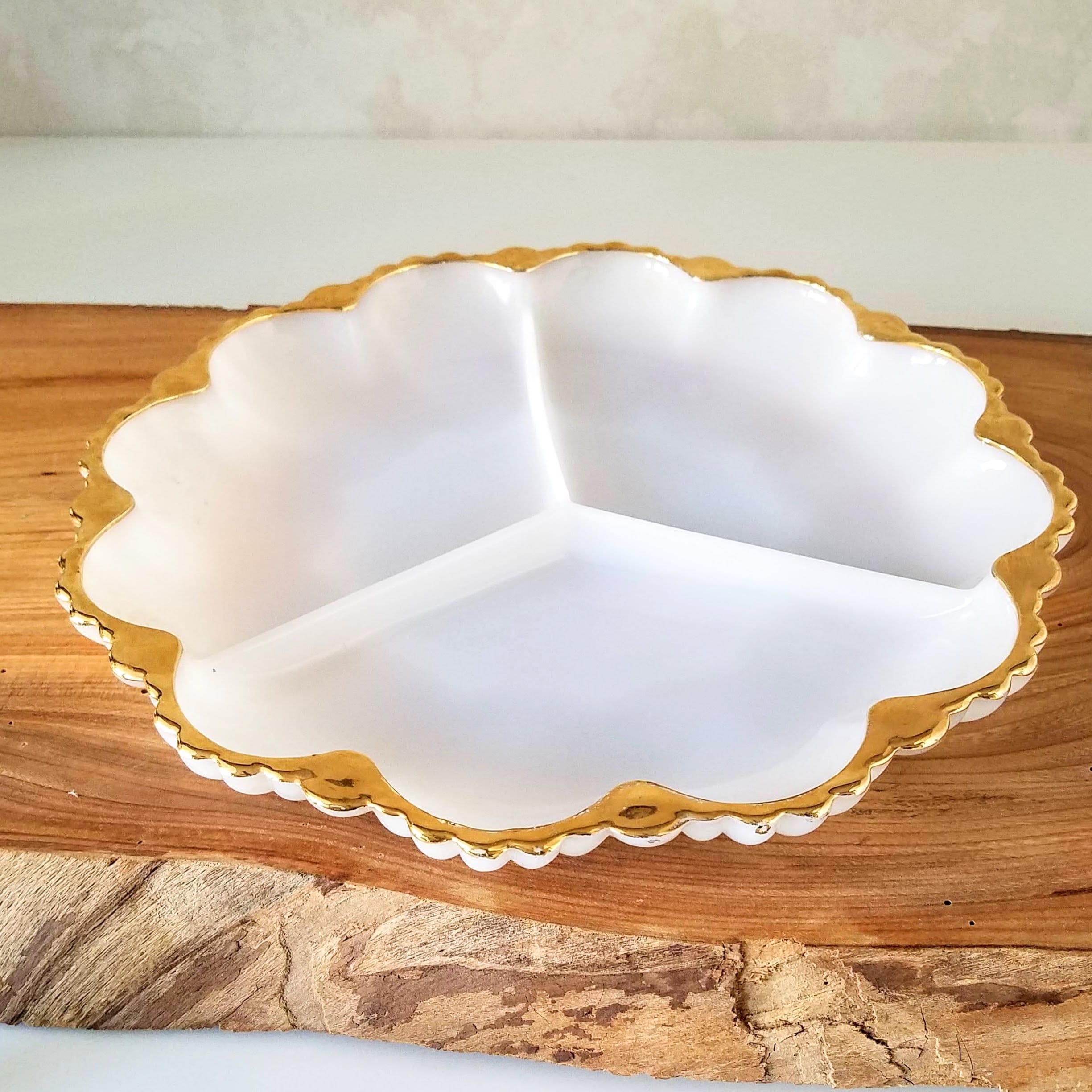 Gold Rimmed Milk Glass Plate, Vintage White Milk Glass Divided Plate