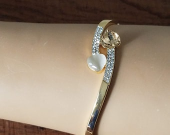 Gold Tone Hinged Bangle Bracelet, Two Hearts Layering Bracelet, Vintage Costume Jewelry