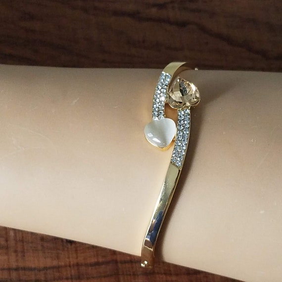 Gold Tone Hinged Bangle Bracelet, Two Hearts Layering Bracelet, Vintage Costume Jewelry