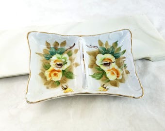 Vintage Yellow Rose Porcelain Divided Dish, Hand Painted Porcelain Small Serving Dish, Candy Dish, Jewelry Dish, Trinket Dish