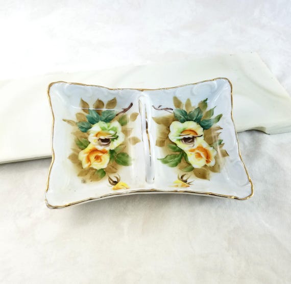Vintage Yellow Rose Porcelain Divided Dish, Hand Painted Porcelain Small Serving Dish, Candy Dish, Jewelry Dish, Trinket Dish