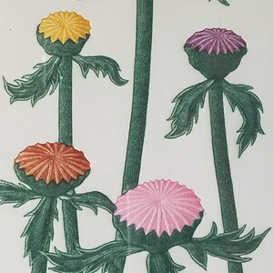 May include: Four stylized flower buds with green stems and leaves. The buds are in shades of yellow, orange, pink, and purple.