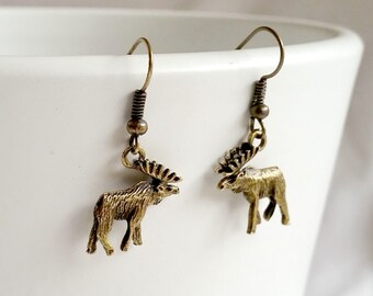 Brass Moose Dangle Earrings, Rustic Woodland Folk Jewelry