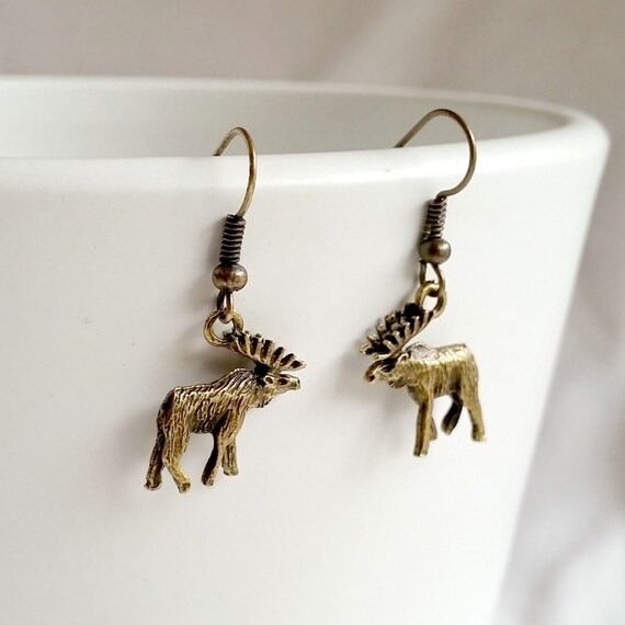 Moose Earrings, Natural Brass Woodland Dangle Earrings, Rustic Folk Earrings