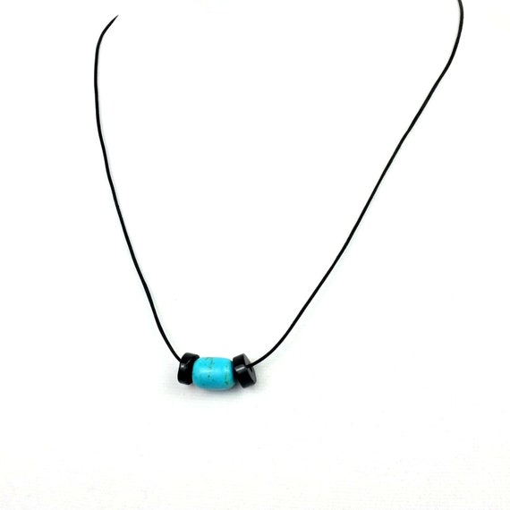 Turquoise Necklace, Leather Necklace, December Birthstone, Turquoise and Obsidian Simple Necklace Natural Minimalist Necklace, Gift for Her