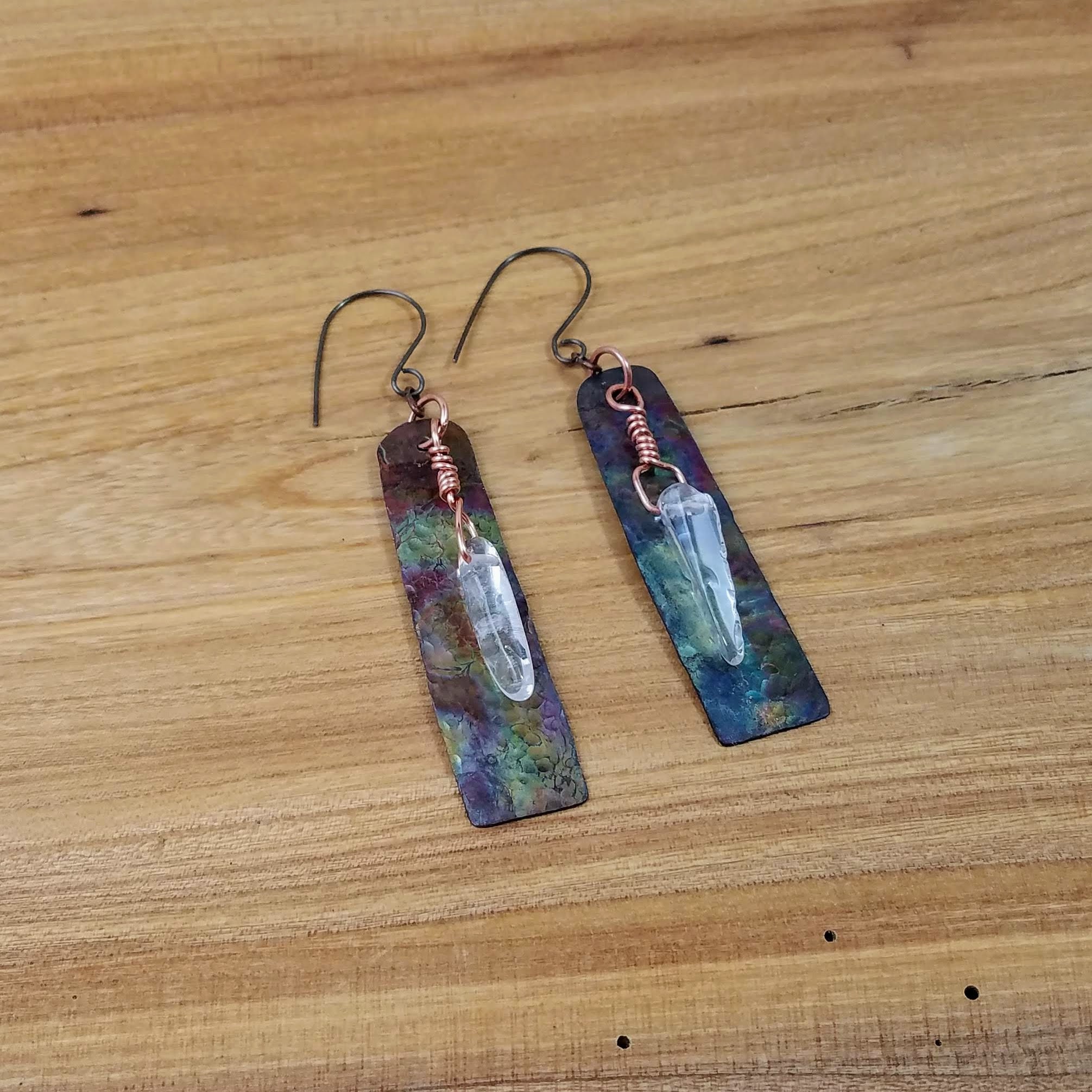 Copper Artisan Earrings, Hammered Copper, Quartz Crystal and Niobium