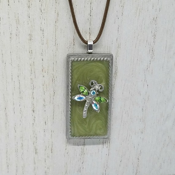 Dragonfly Pendant Necklace, Green Stained Glass with Multicolored Rhinestone Dragonfly, Handmade Jewelry Gift for Her