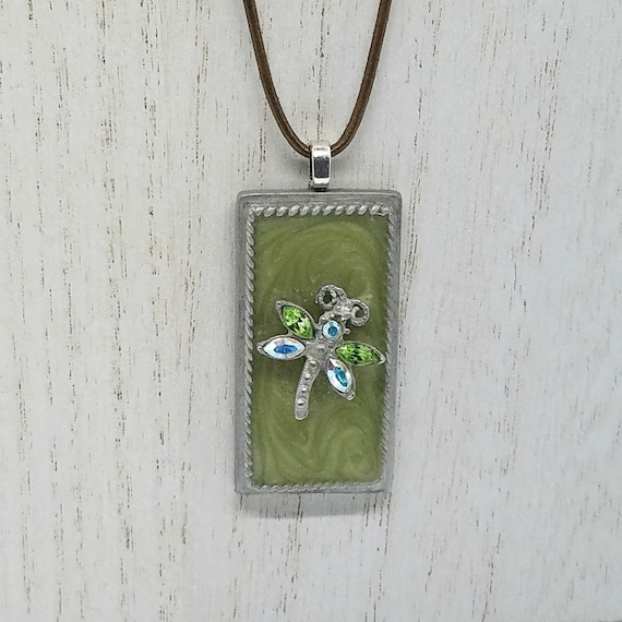 Dragonfly Pendant Necklace, Green Stained Glass with Multicolored Rhinestone Dragonfly, Handmade Jewelry Gift for Her