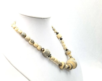 Vintage Tribal Statement Necklace, Betel Nut Beads, Signed Silver Accents