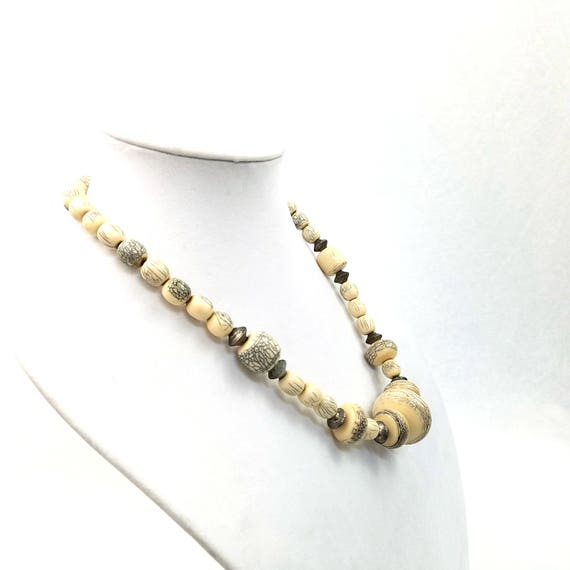 Vintage Tribal Silver Necklace, Betel Nut Beads and Bone Necklace, Signed Statement Necklace with Silver Beads, Vintage Bohemian Necklace