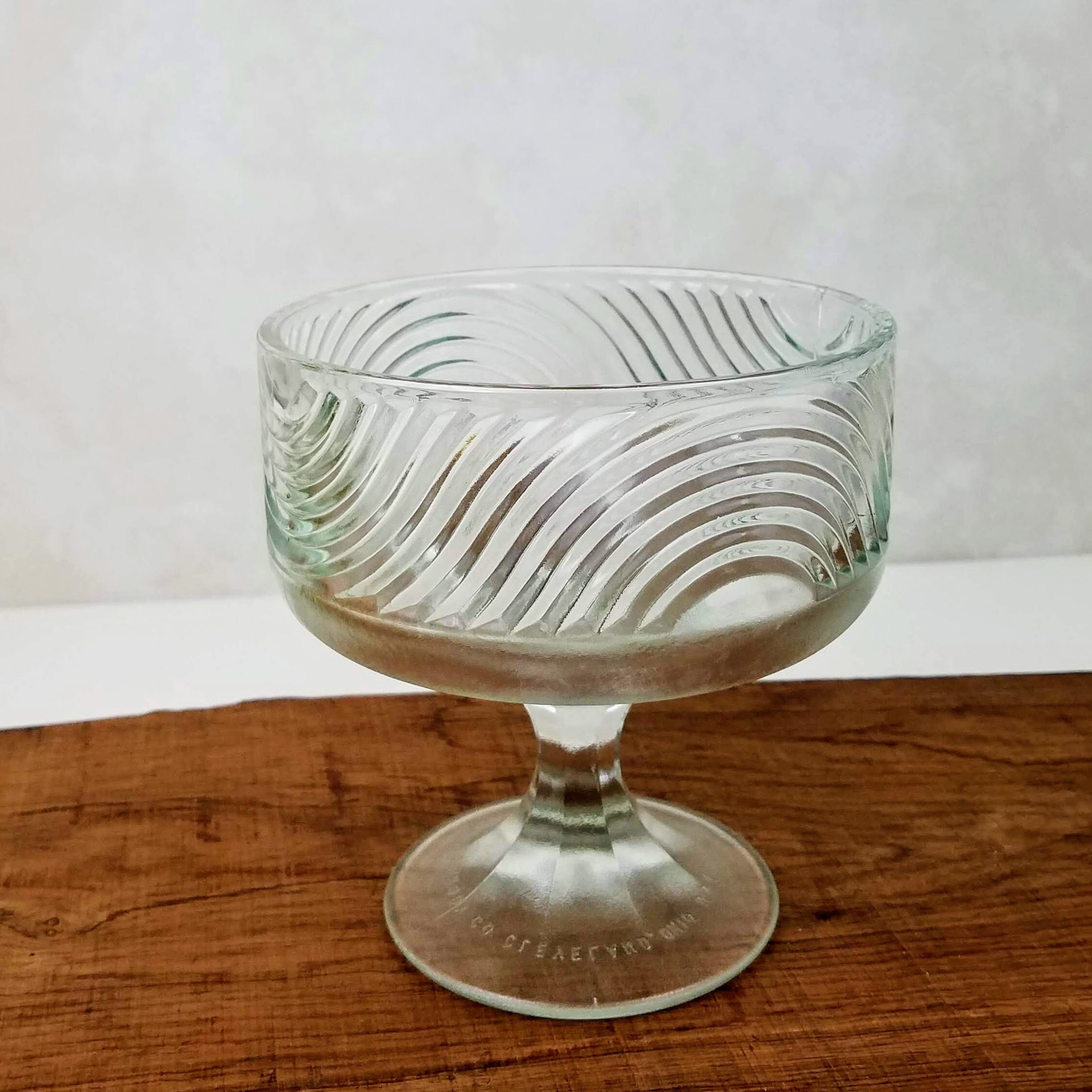 Vintage Pressed Glass Compote, EO Brody Company Small Swirled Clear Compote