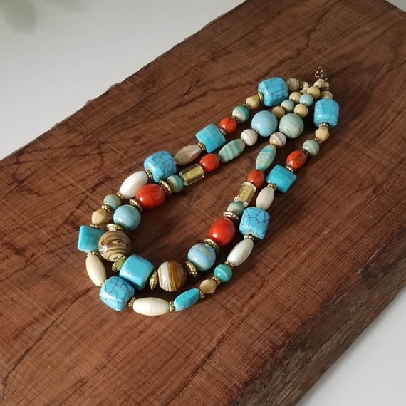 Statement Necklace in Turquoise, Coral Red, Beige and Gold, Mix of Stone and Glass, Two Strand Vintage Necklace