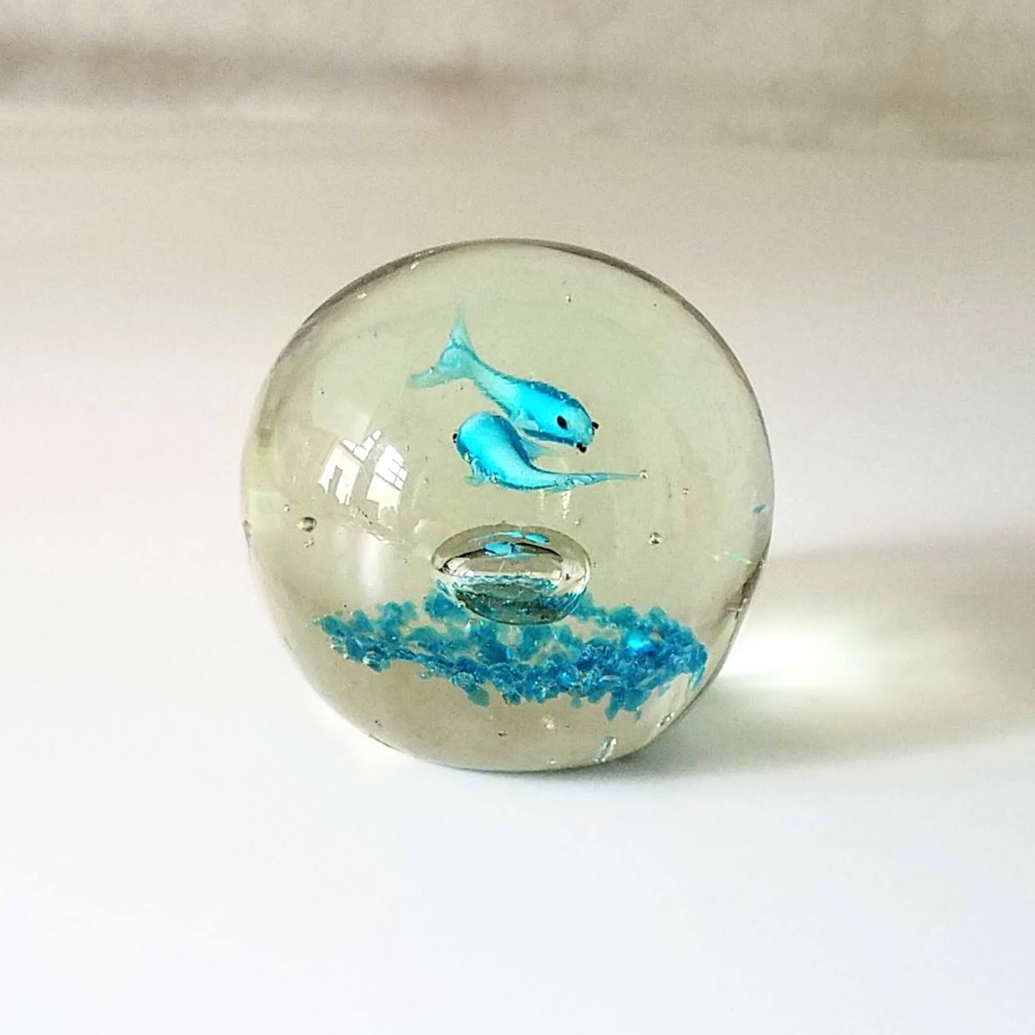 Art Glass Paperweight, Aqua Blue Whales Fish Paperweight with