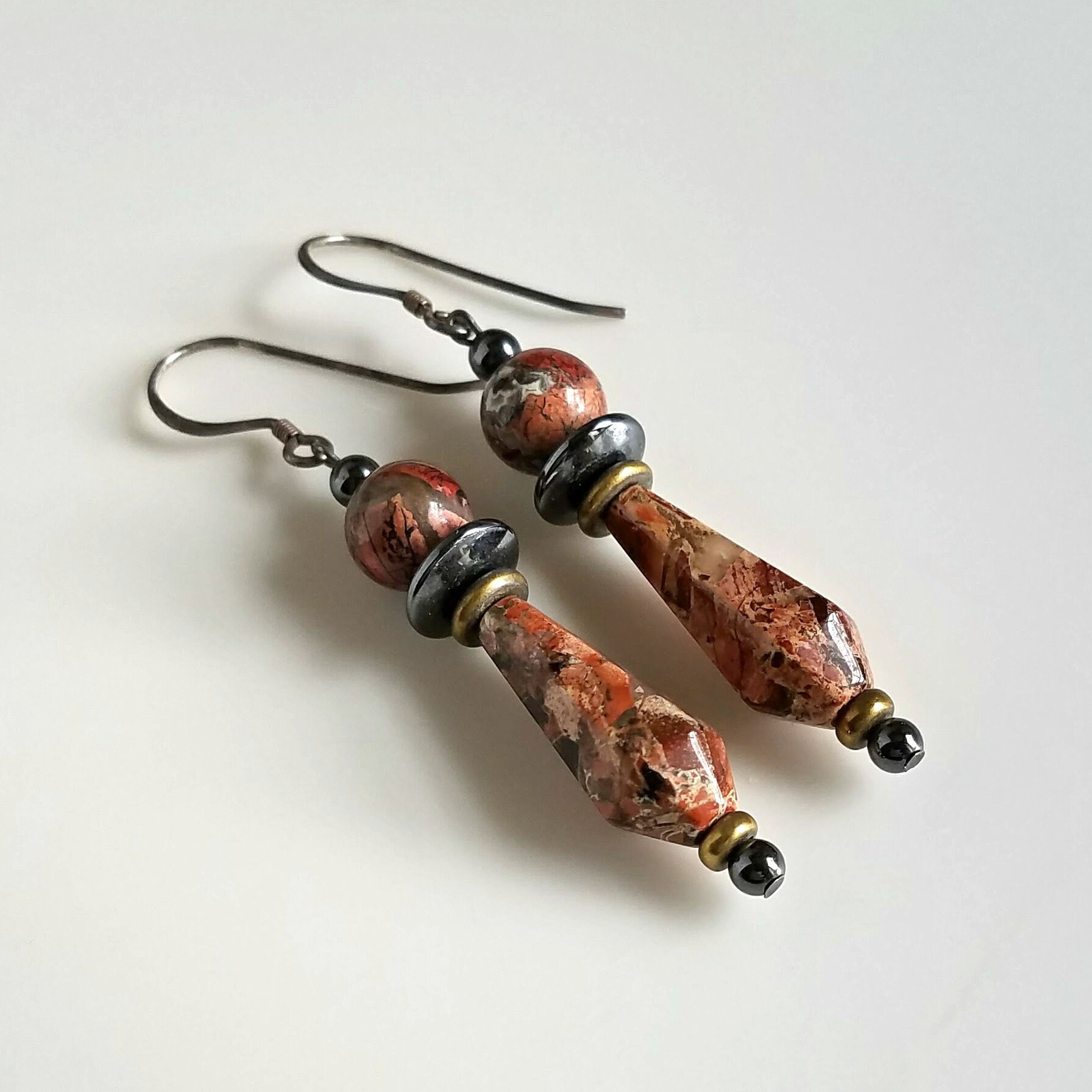 Jasper Earrings, Natural Orange Brown Long Stone Earrings, Jasper and