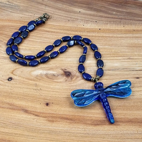 Dragonfly Necklace Cobalt and Pacific Blue Handmade Glass Dragonfly Pendant on Lapis Lazuli and Brass Beaded Necklace