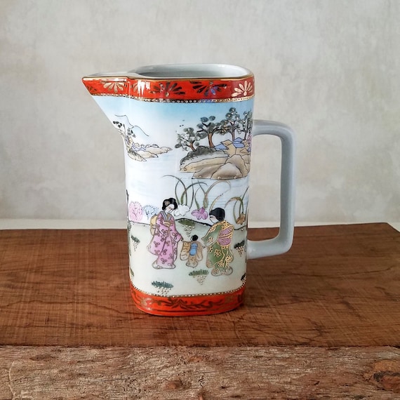 Japanese Porcelain Hand Painted Pitcher, Nippon Pitcher with Women in Kimonos, Collectible Porcelain Vase