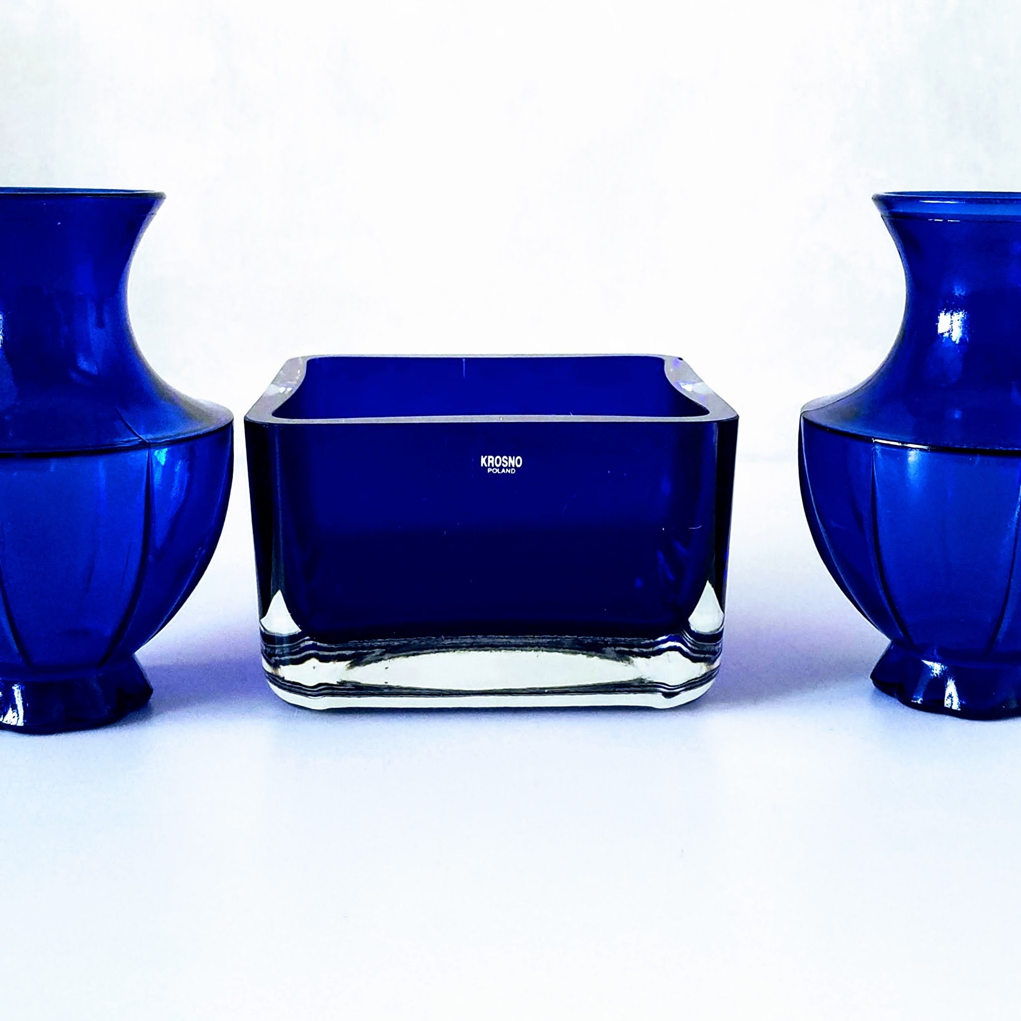 Vintage Cobalt Blue Art Glass Dish, Krosno Poland Square Hand Blown Bowl, Collectible Glass Decor