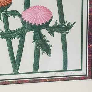 May include: A framed print of a botanical illustration featuring three stylized thistles with pink, orange, and green flowers. The print is signed in the bottom right corner with the text "Hog 71."