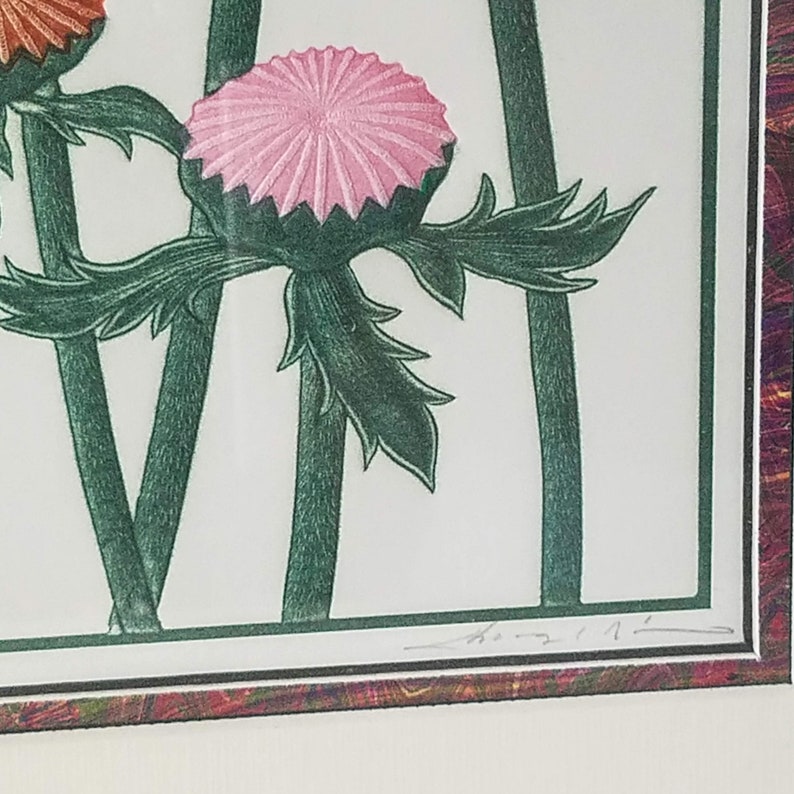 May include: A framed print of a botanical illustration featuring three stylized thistles with pink, orange, and green flowers. The print is signed in the bottom right corner with the text "Hog 71."