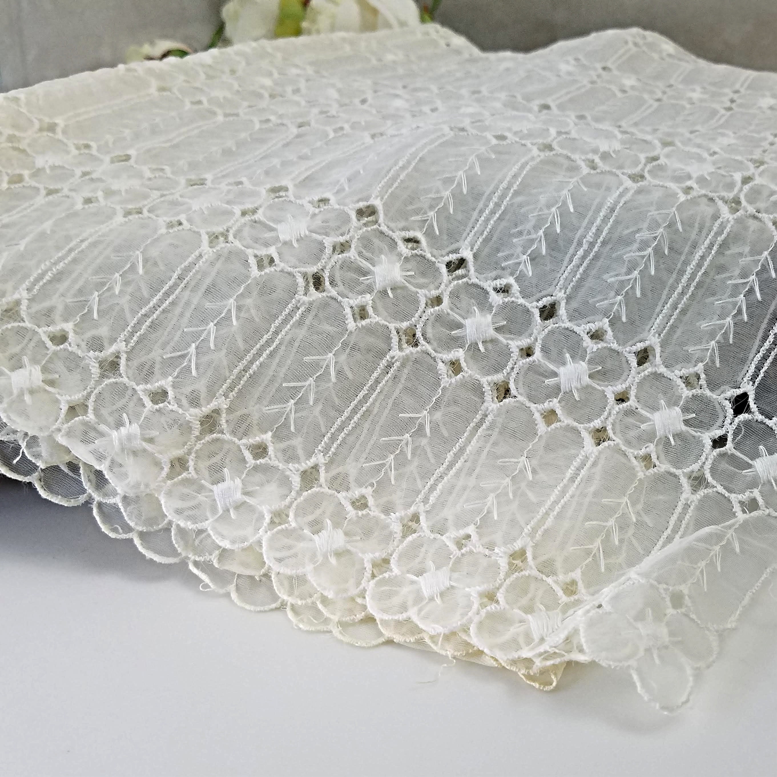 Ivory Sheer Table Runner Dresser Scarf or Couch Runner, Embroidered