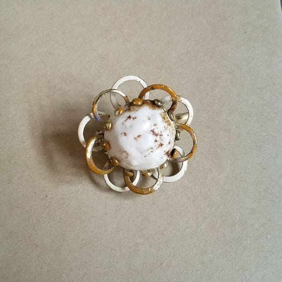 Vintage Brooch, White Flower Brooch, White Gold Brown Enameled Flower Brooch, Unique Vintage Flower Pin, Jewelry Supplies, Vintage Jewelry
