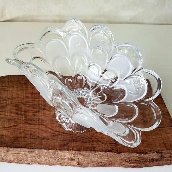 Crystal Folded Compote, Clear and Frosted Banana Dish,  Vintage Clear Centerpiece Pedestal Bowl