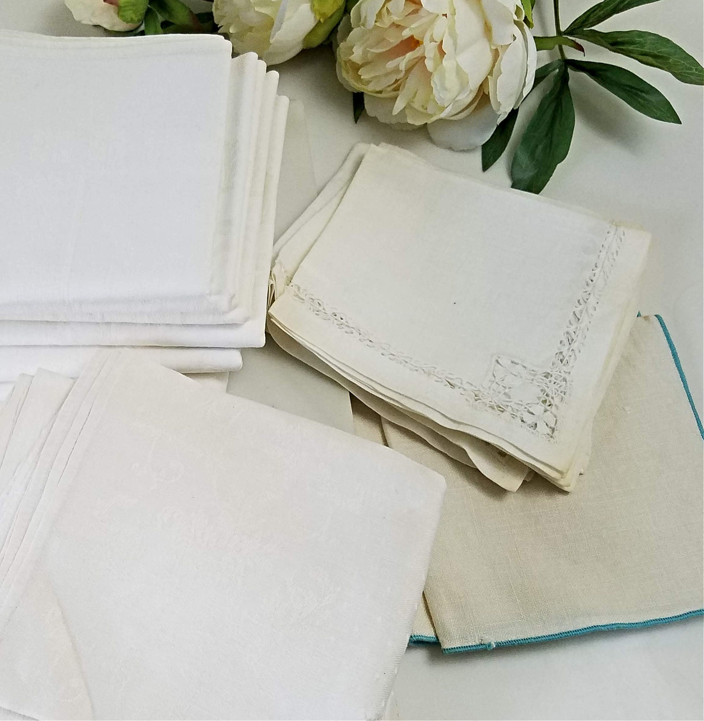 Vintage Linen Napkins, Linen Damask Fabric Napkins, Set of 6 White