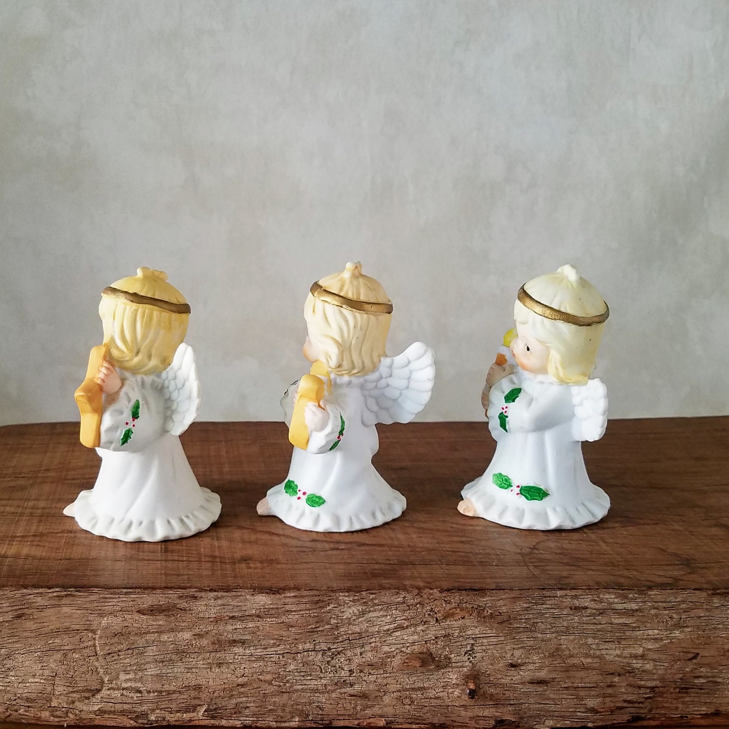 Porcelain Angel Figurines, Set of 3 Blond Angels, Vintage Bisque Figurines, Vintage Christmas Decor
