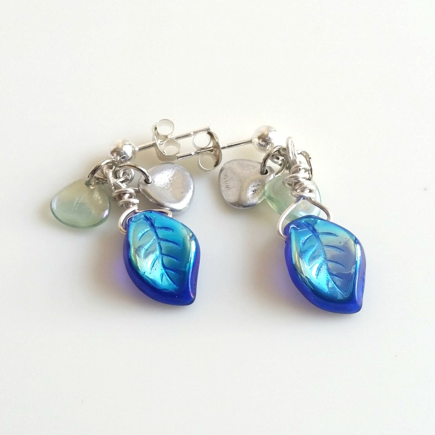 Handmade Blue Glass Pearl Dangle Earrings – Silver Plated, Hook Closure, UK Made