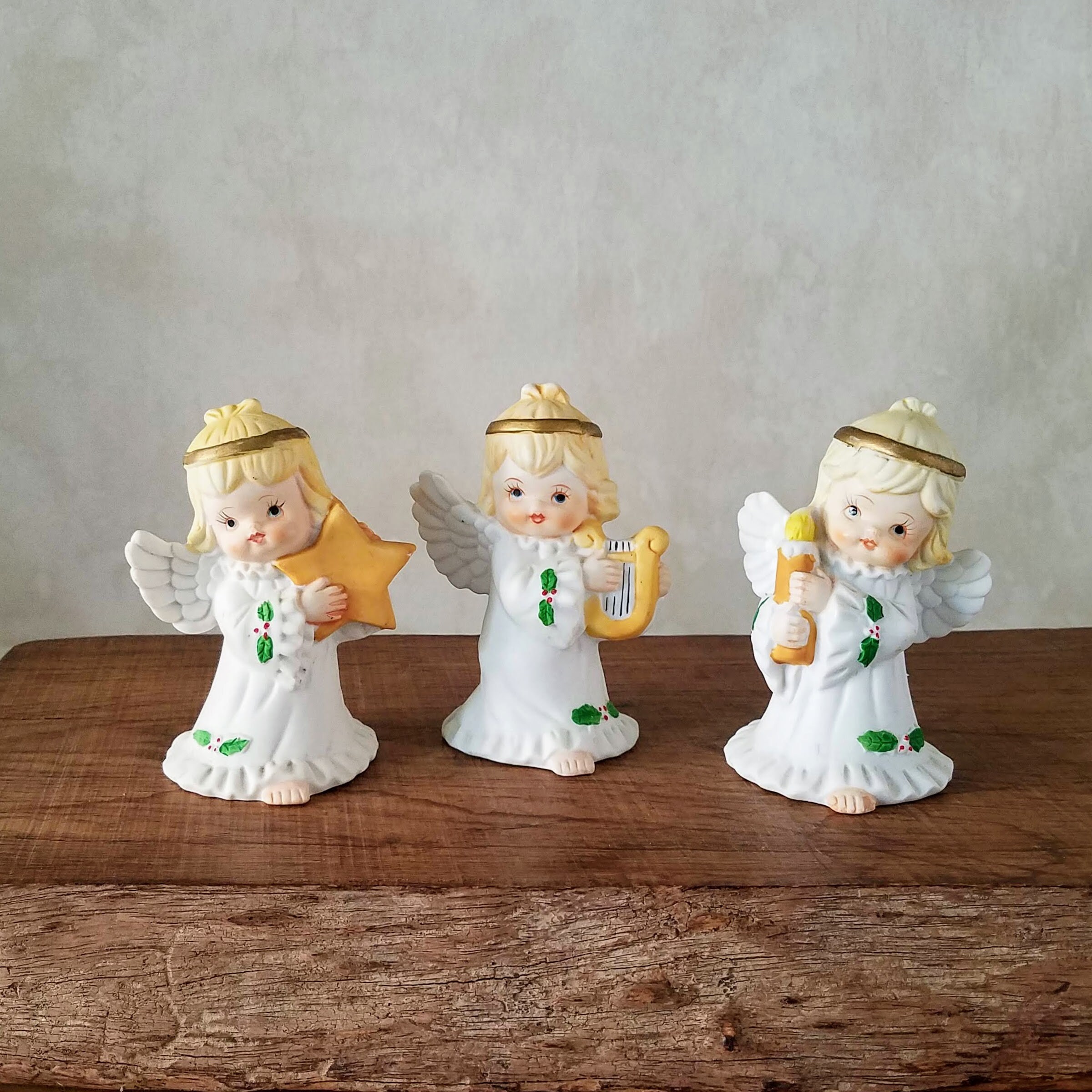 Porcelain Angel Figurines, Set of 3 Blond Angels, Vintage Bisque