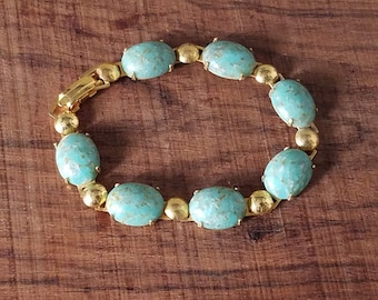 Mid Century Faux Turquoise Cabochon Link Bracelet
