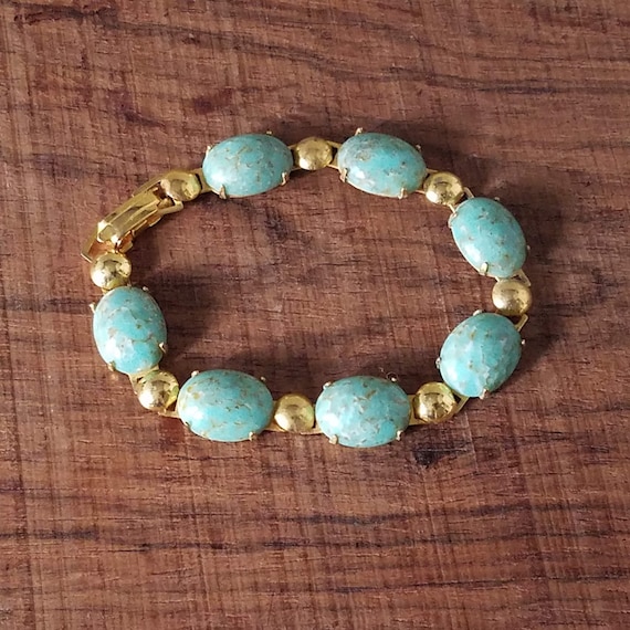 Turquoise and Gold Tone Bracelet, Mid Century Cabochon Link Bracelet in Gold and Green Jewelry Gift for Her