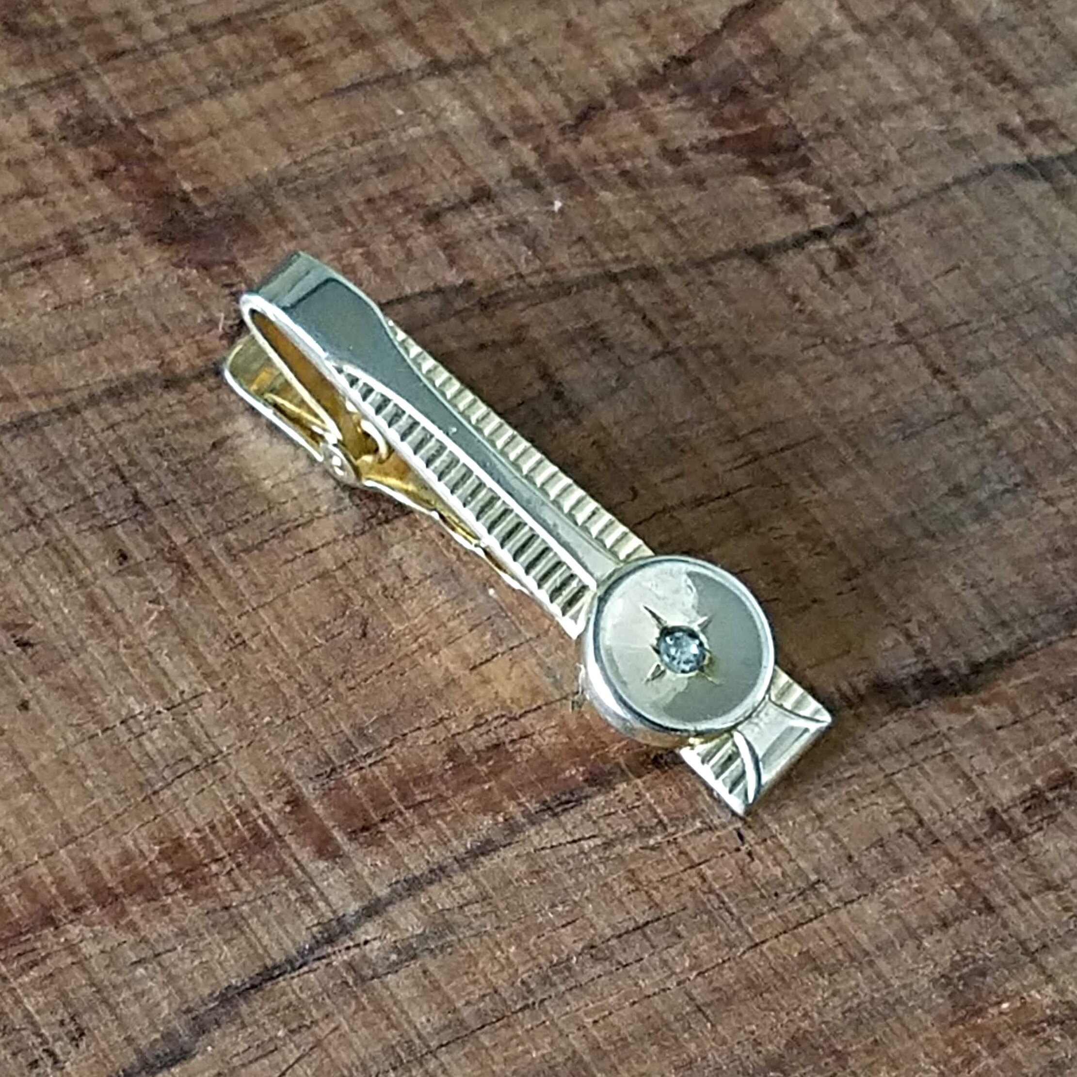 Anson Tie Bar, Vintage Goldtone and Rhinestone Tie Clip, Mid Century