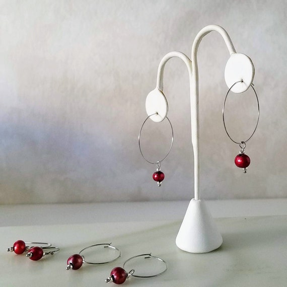Stainless Steel Hoop Earrings with Garnet Red Freshwater Pearls, Minimalist Boho Pearl Earrings with Removable Pearl Charm
