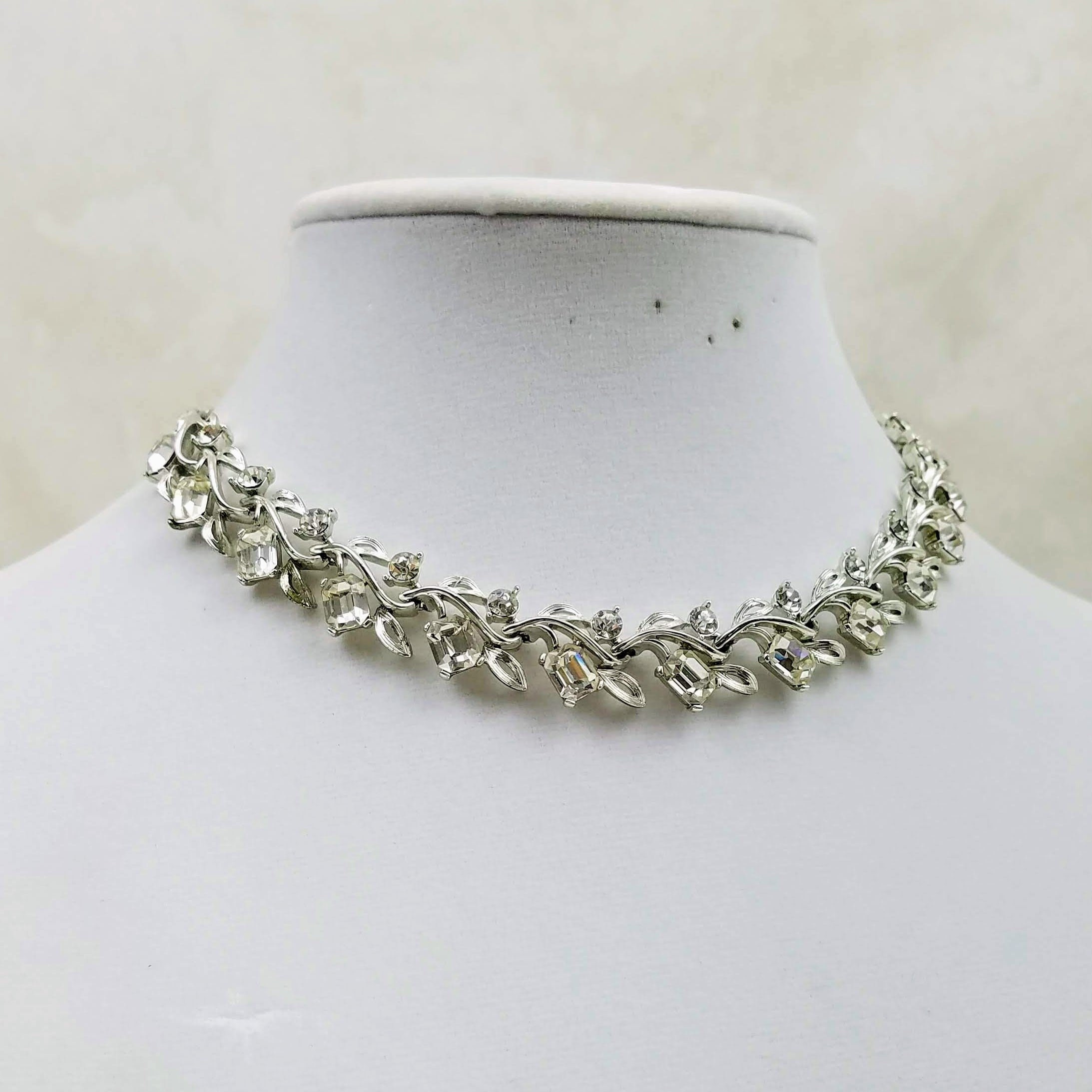 Vintage Lisner Rhinestone Necklace, Mid Century Emerald Cut Clear ...