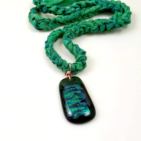 Green Statement Necklace, Artisan Fused Dichroic Glass Pendant on Crocheted Sari Silk Cord