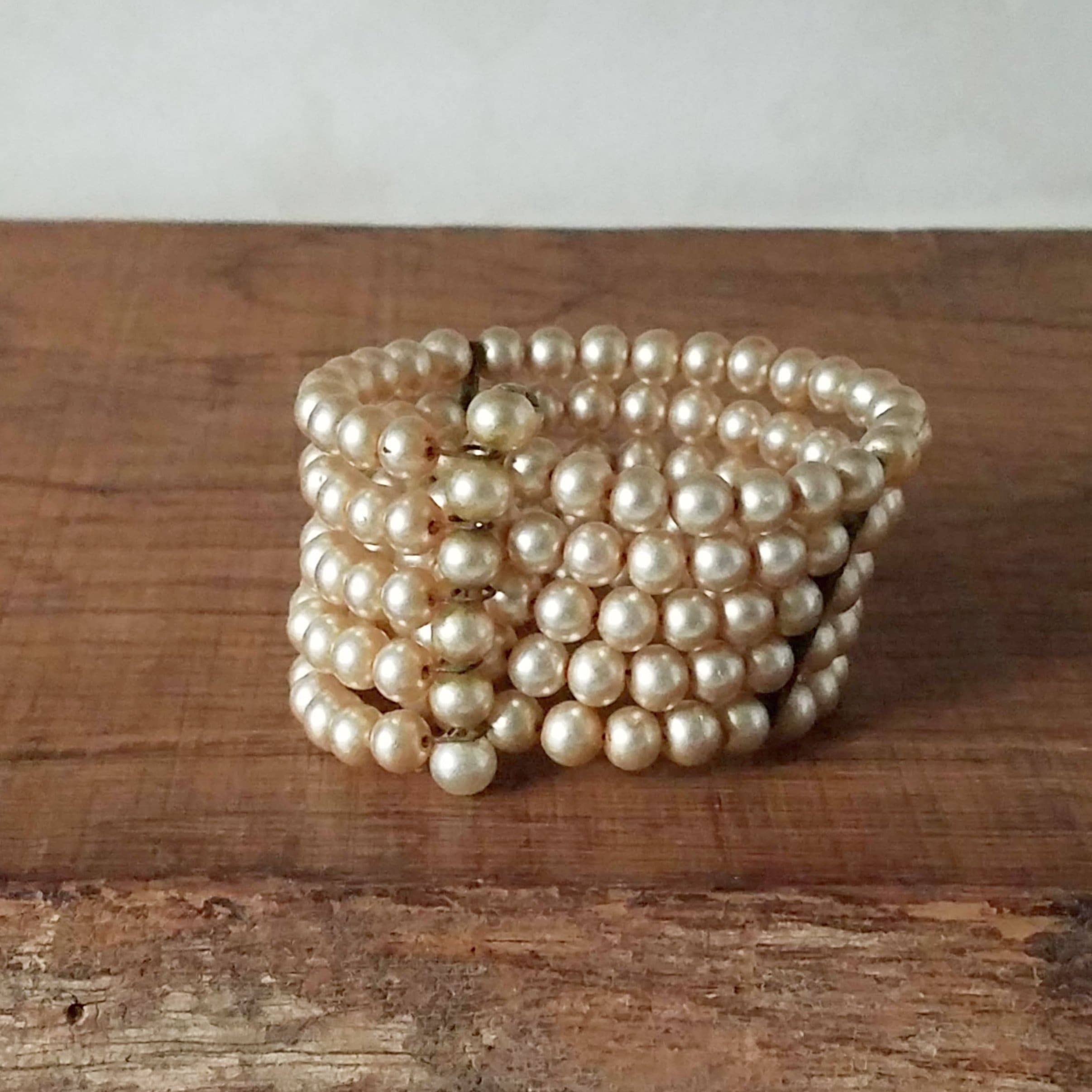 Vintage Faux Pearl Multistrand Bracelet, Vintage Expandable Champagne