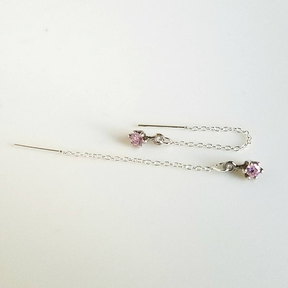 Minimalist Sterling Silver Threader Earrings, CZ Threader Earrings, Pink Cubic Zirconia Sterling Silver Earrings, Beauty Gift For Her