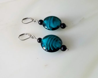 Teal Lampwork Glass Earrings, Stainless Steel Lever Backs, Boho Dangle