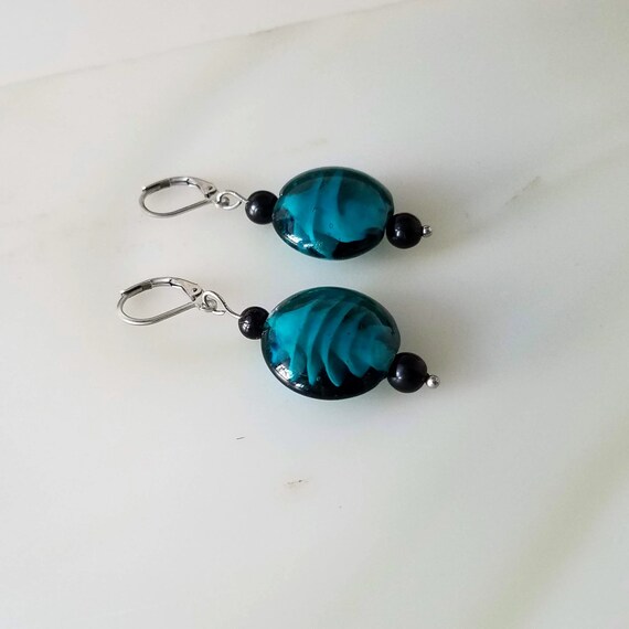 Teal Earrings, Stainless Steel Lever Back Teal Lampwork Glass Earrings, Statement Earrings for Her