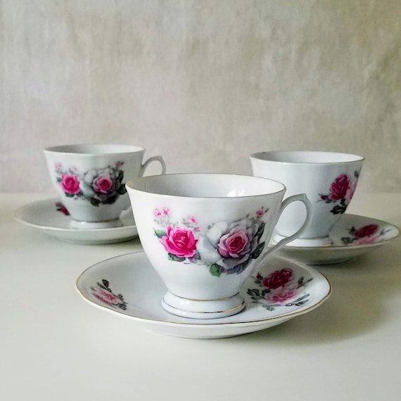 Vintage Teacup and Saucer, White Porcelain with Pink and Silver Roses and Gold Accents, Fine Bone China