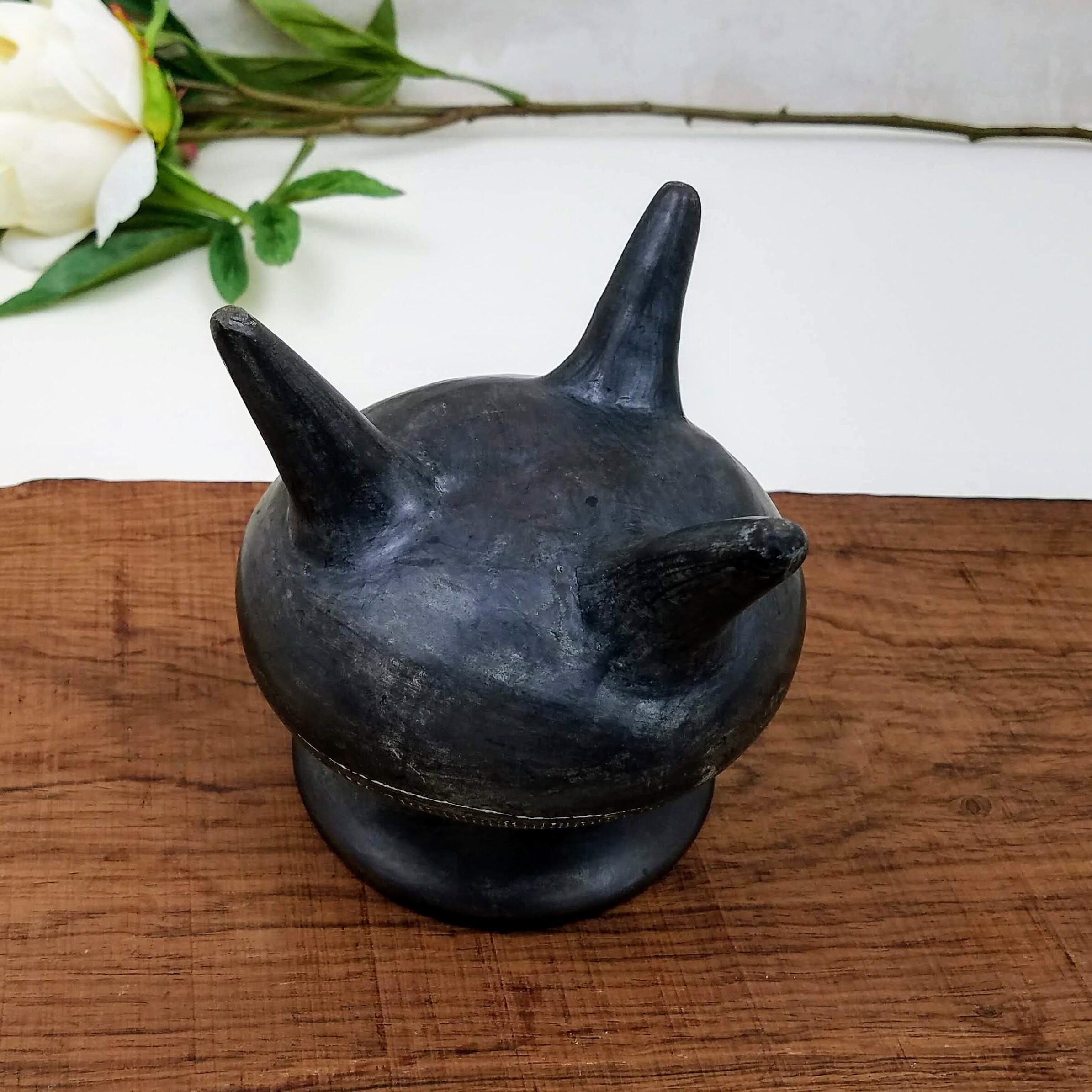 Vintage Blackware Pottery Vessel, Black Tripod Pottery White Etched