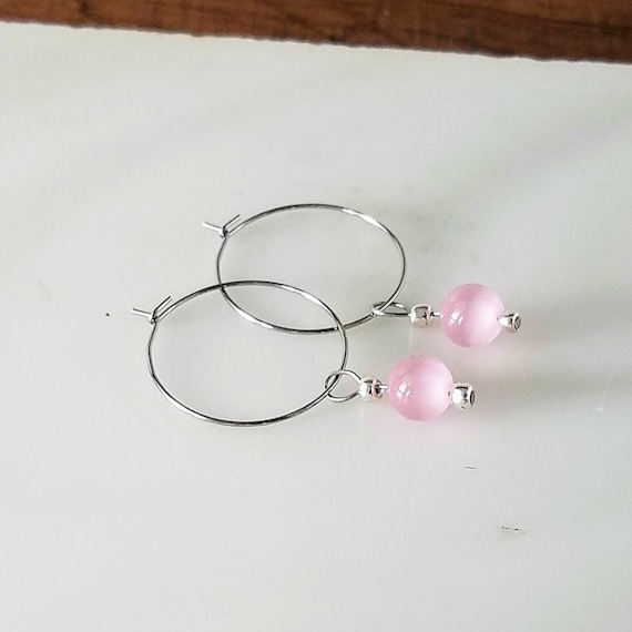 Stainless Steel Hoop Earrings with Pink Cats Eye Removable Charm, Minimalist Boho Earrings