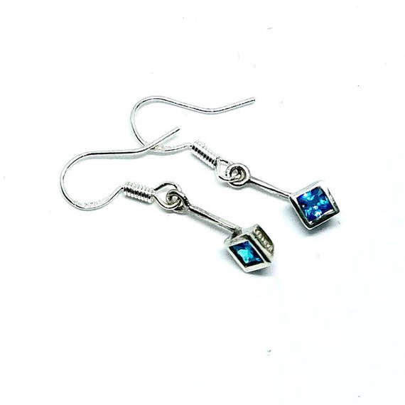 Minimalist Sterling Silver Earrings, Silver Blue Dangle Earrings, Bright Blue Glass Tiny Earrings, 925 Silver Earrings Beauty Gift for Her