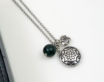 Chisel Stainless Steel Charm Necklace, Green Stone Heart Charm, Original Box