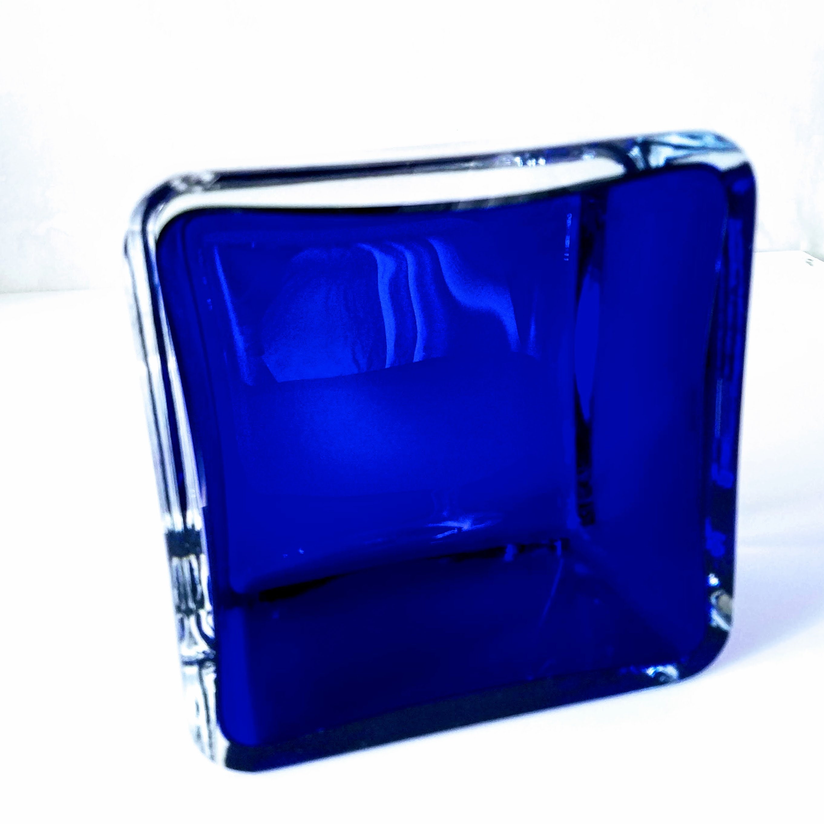 Vintage Cobalt Blue Art Glass Dish Krosno Poland Square Hand Blown Bowl Collectible Glass Decor