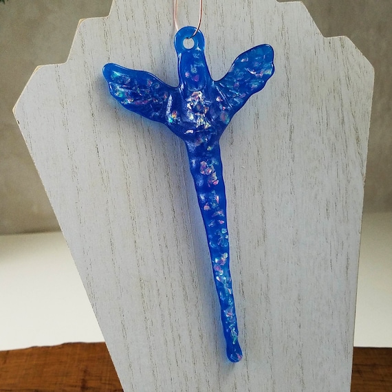 Angel Keepsake Ornament,  Art Glass Angel Icicle, Fused Glass Blue Angel Suncatcher with Dichroic Highlights