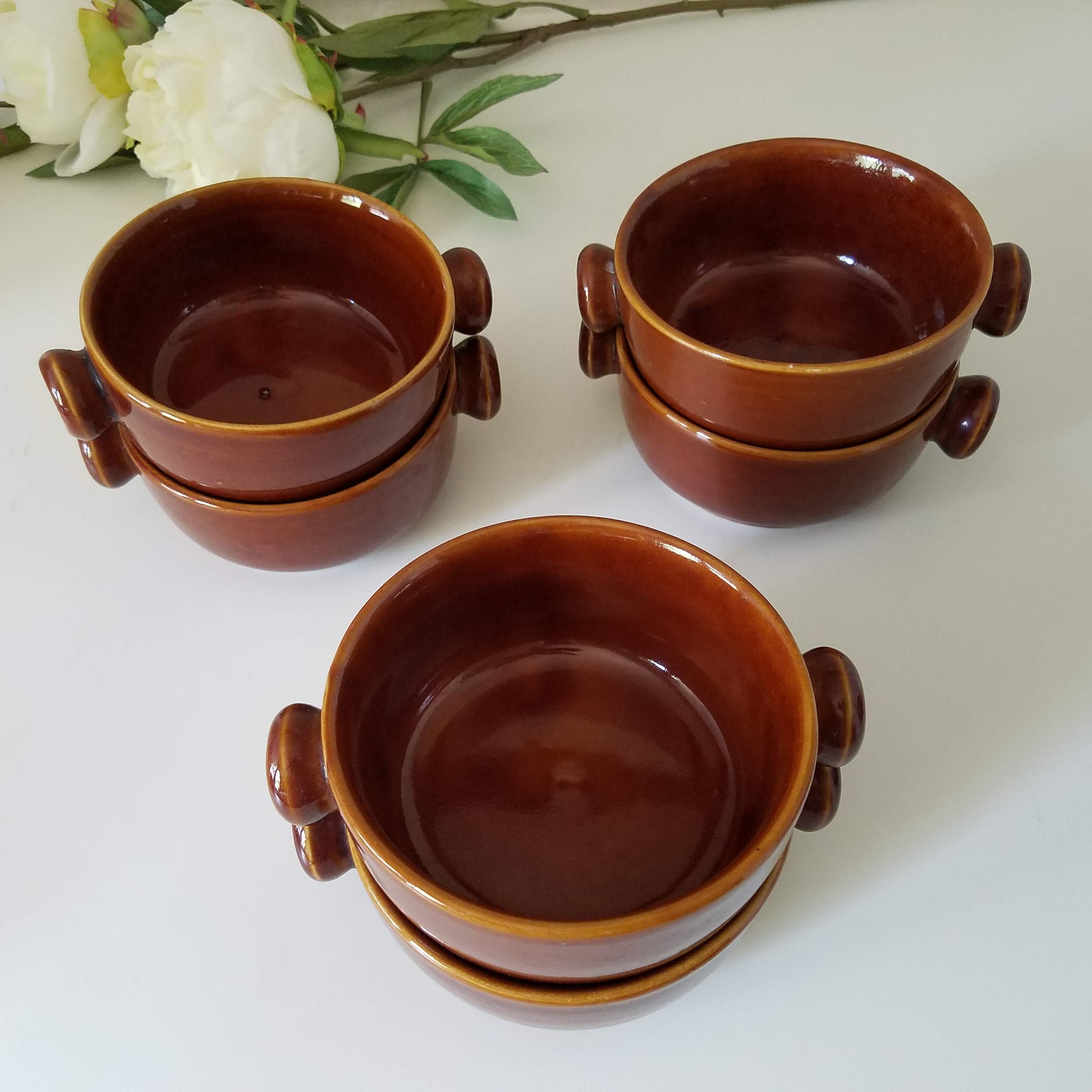 Vintage Stoneware Bowls, Brown Pottery Crocks with Two Handles, Set of 6 French Onion Soup or